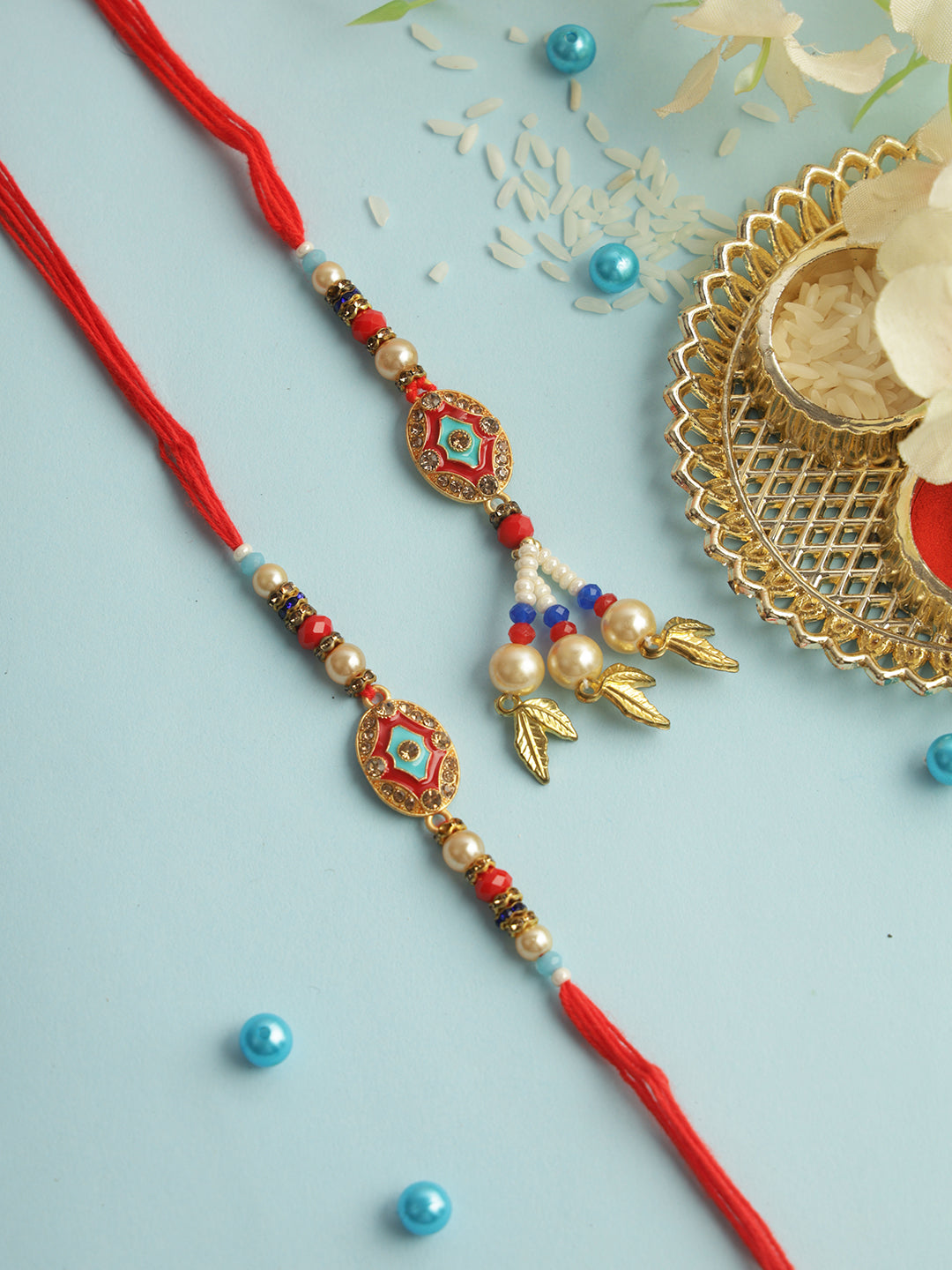 Red & Blue Enameled Bead Work Bhaiya Bhabhi Rakhi