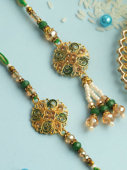 Emerald Green and Gold Bhaiya Bhabhi Rakhi Set
