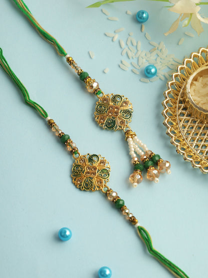 Emerald Green and Gold Bhaiya Bhabhi Rakhi Set