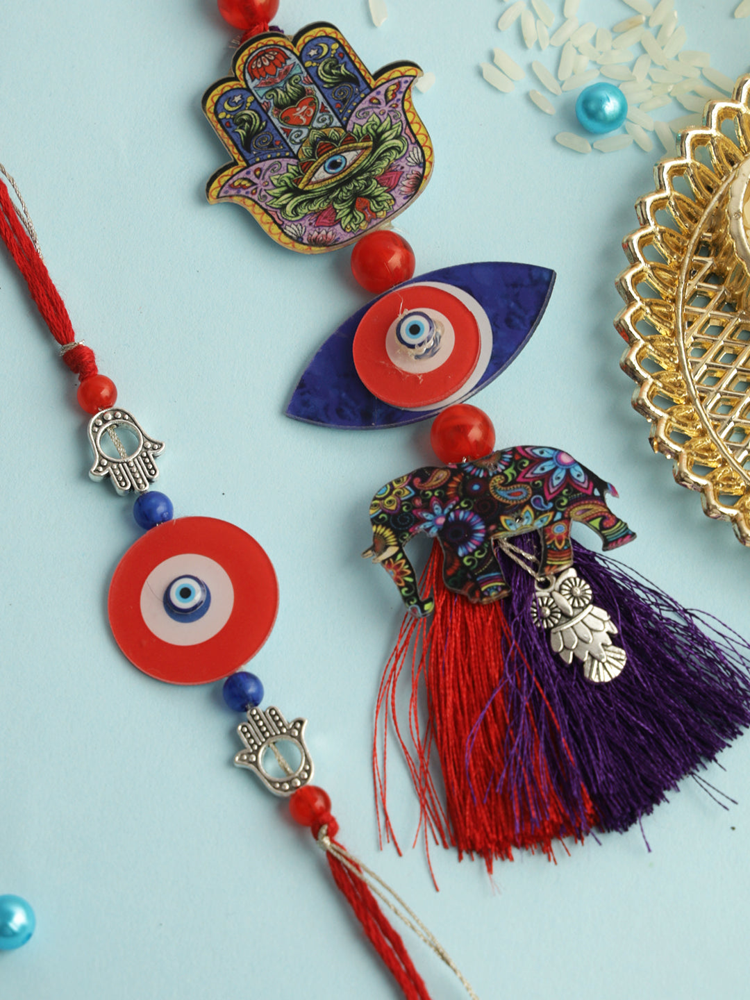 Red & Blue Evil Eye and Elephant Combo Bhaiya Bhabhi Rakhi