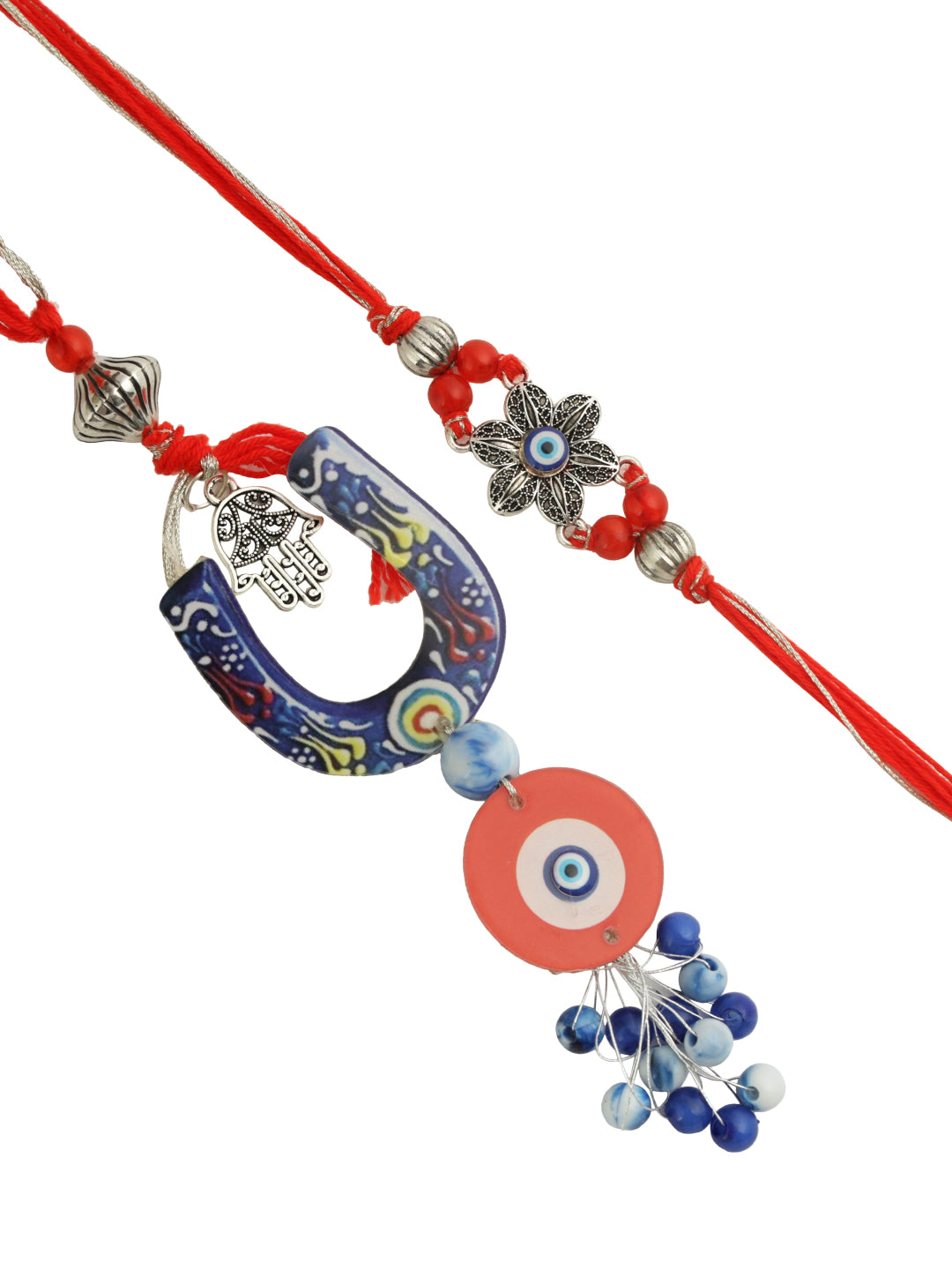 Red & Blue Floral Evil Eye Bhaiya Bhabhi Rakhi