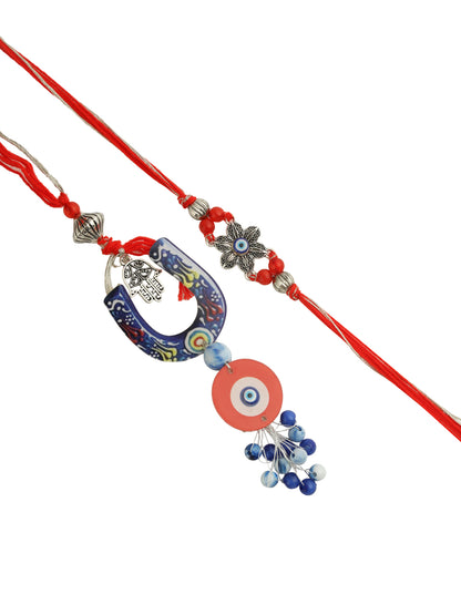 Red & Blue Floral Evil Eye Bhaiya Bhabhi Rakhi