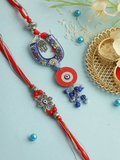 Red & Blue Floral Evil Eye Bhaiya Bhabhi Rakhi