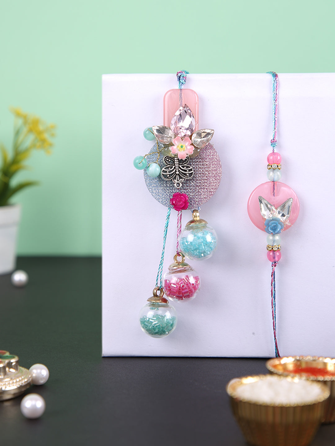 Attractive Floral Beaded Bhaiya Bhabhi Rakhi