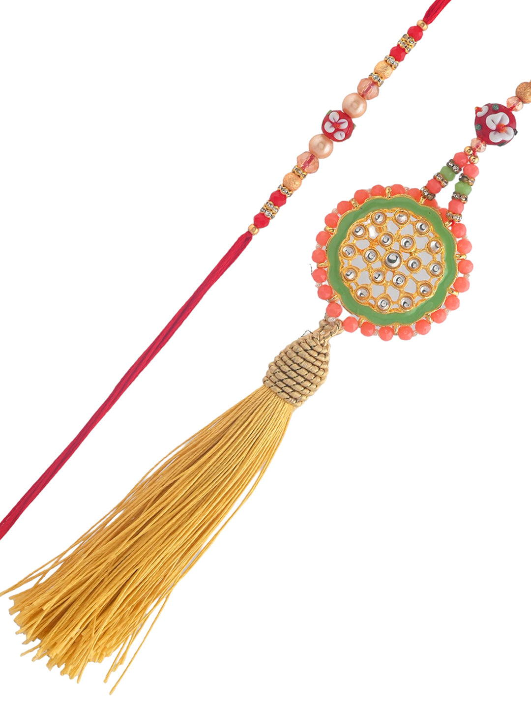 Peach & Red Stone Work Bhaiya Bhabhi Rakhi