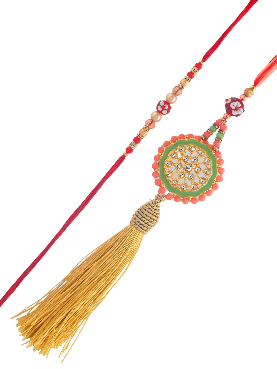 Peach & Red Stone Work Bhaiya Bhabhi Rakhi