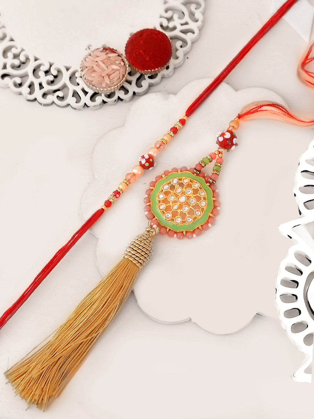 Peach & Red Stone Work Bhaiya Bhabhi Rakhi
