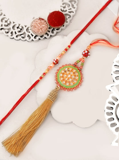 Peach & Red Stone Work Bhaiya Bhabhi Rakhi