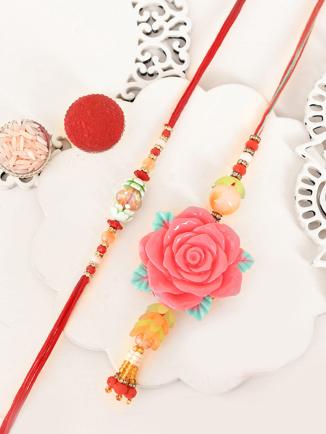 Pink Rose Bead Work Bhaiya Bhabhi Rakhi