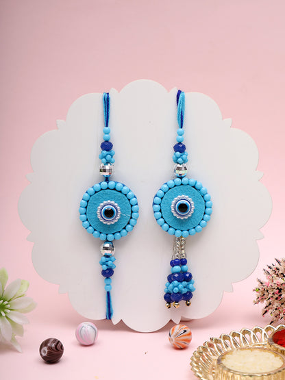Handcrafted Evil Eye Blue Beaded Bhaiya Bhabhi Rakhi Set with Box