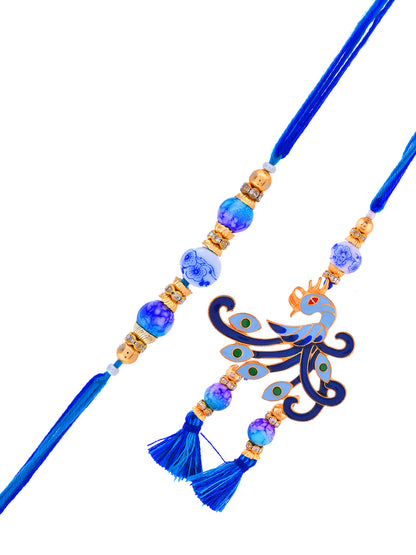 Majestic Peacock Bhaiya Bhabhi Rakhi Combo with Blue Ceramic Beads with Box