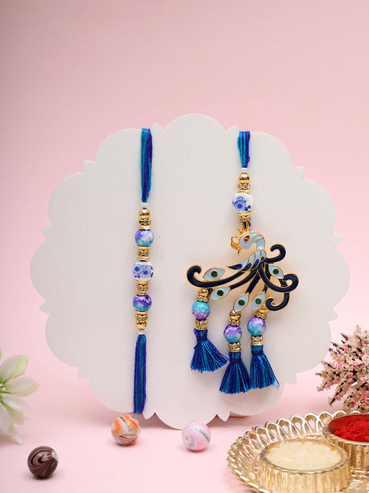 Majestic Peacock Bhaiya Bhabhi Rakhi Combo with Blue Ceramic Beads with Box