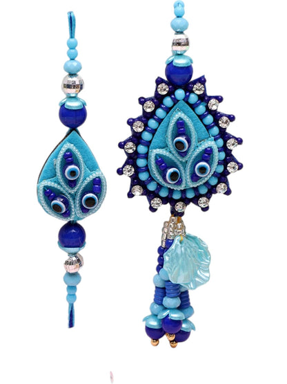 Neo Modern Bhaiya Bhabhi Rakhi Set with Blue Teardrop Evil Eye Embellishments with Box