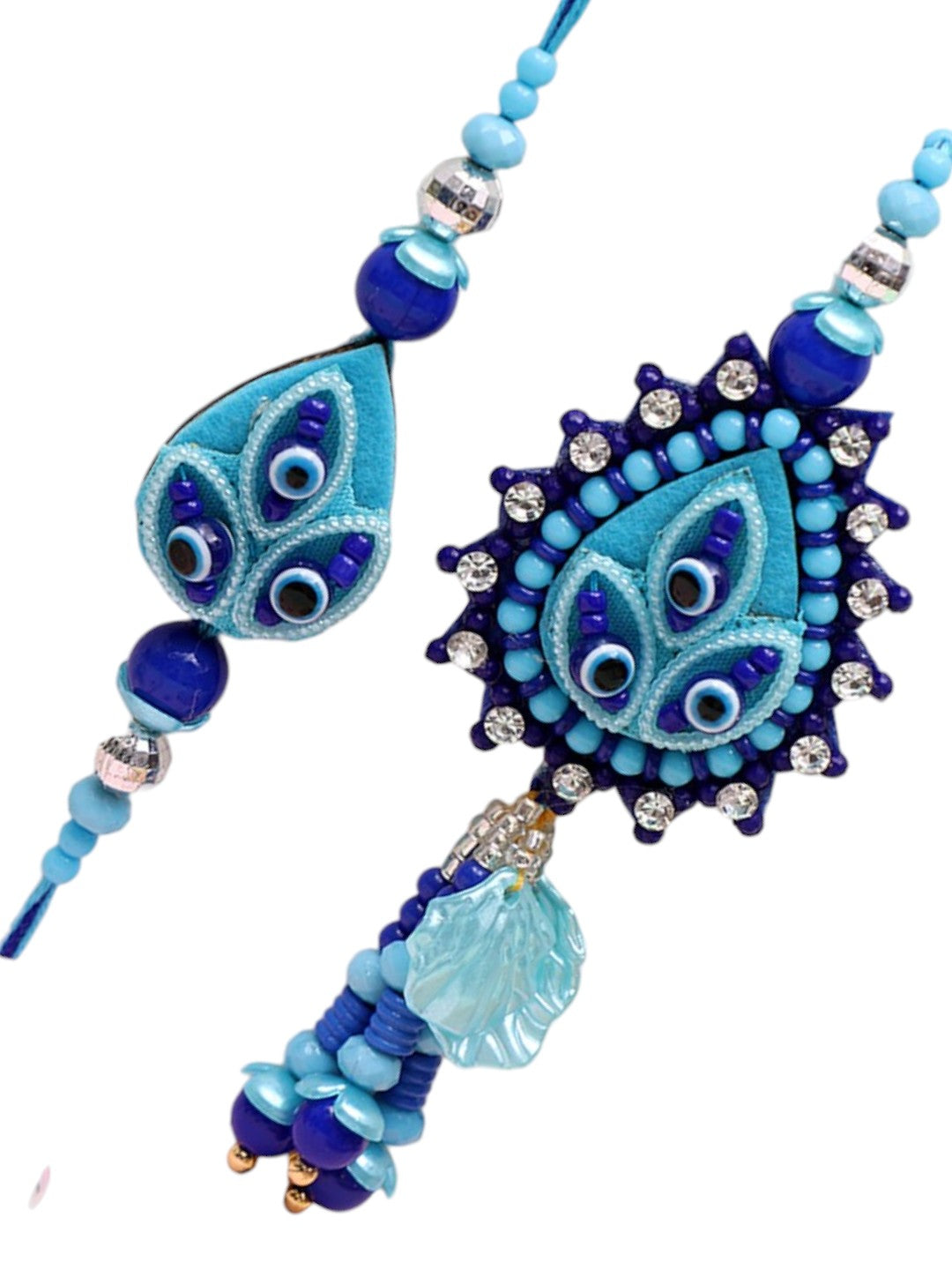 Neo Modern Bhaiya Bhabhi Rakhi Set with Blue Teardrop Evil Eye Embellishments with Box