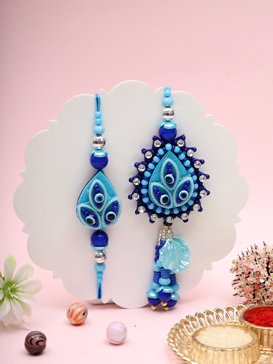 Neo Modern Bhaiya Bhabhi Rakhi Set with Blue Teardrop Evil Eye Embellishments with Box