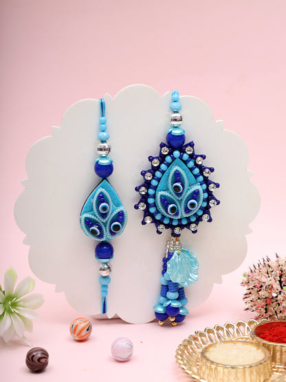 Neo Modern Bhaiya Bhabhi Rakhi Set with Blue Teardrop Evil Eye Embellishments