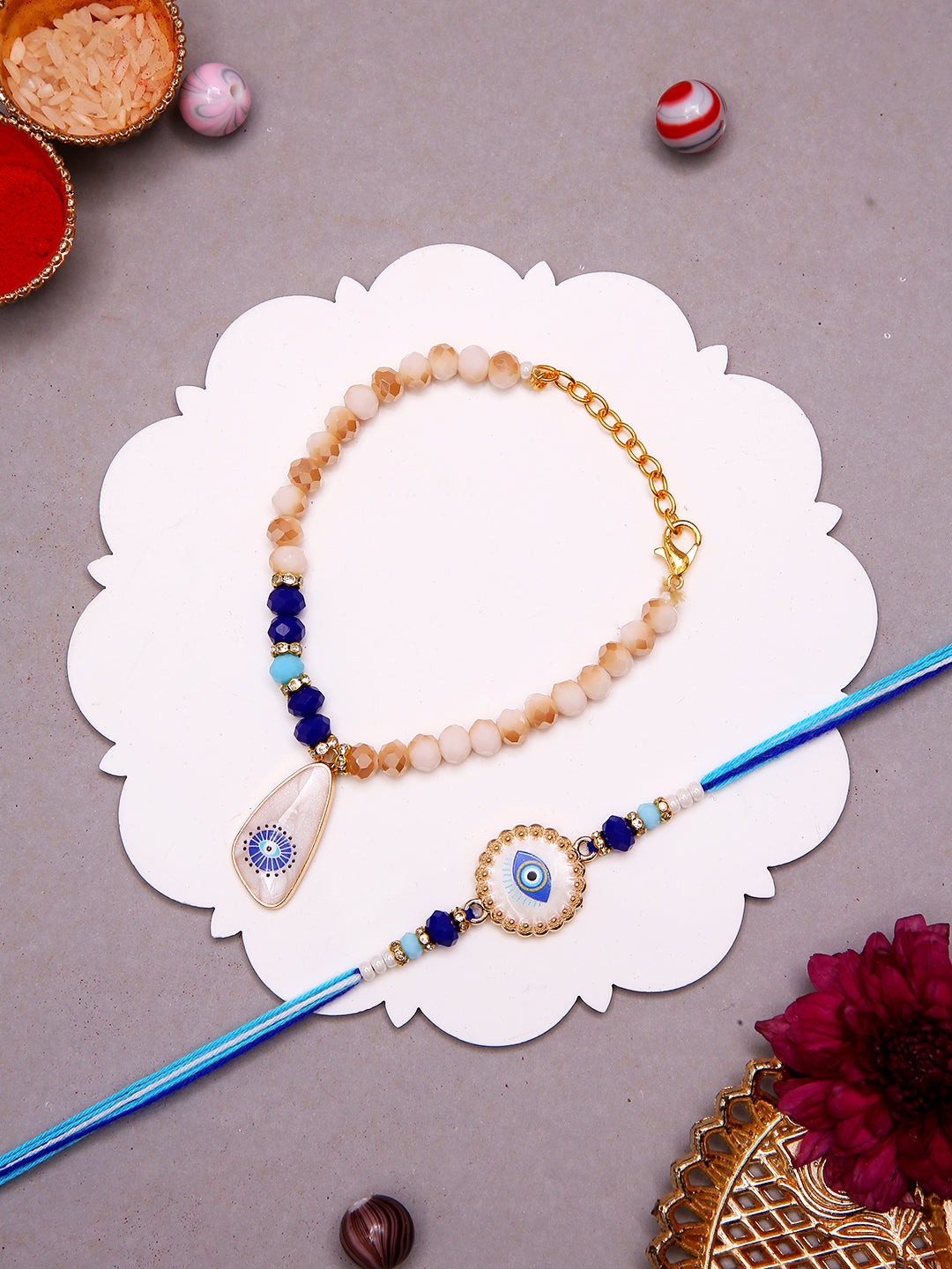 Premium Evil Eye Rakhi Bracelet Combo For Bhaiya Bhabhi With Luxe Beads with Box