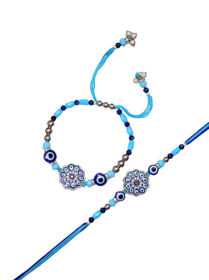 Artisanal Bhaiya Bhabhi Evil Eye Rakhi Set With Mosaic Floral Accents