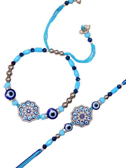 Artisanal Bhaiya Bhabhi Evil Eye Rakhi Set With Mosaic Floral Accents with Box