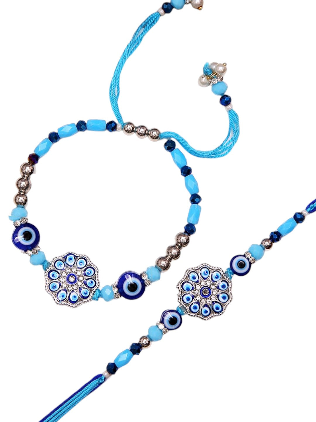 Artisanal Bhaiya Bhabhi Evil Eye Rakhi Set With Mosaic Floral Accents