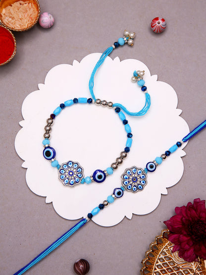 Artisanal Bhaiya Bhabhi Evil Eye Rakhi Set With Mosaic Floral Accents
