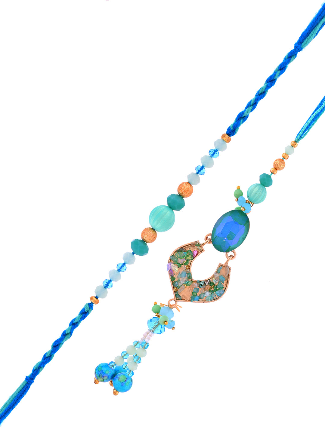 Bhaiya Bhabhi Rakhi Set with Aqua Stones and Tassels