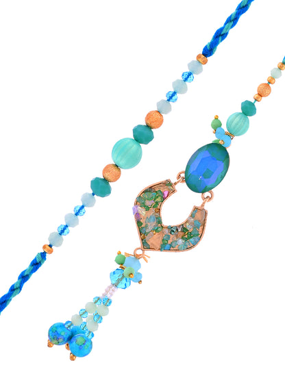 Bhaiya Bhabhi Rakhi Set with Aqua Stones and Tassels with Box