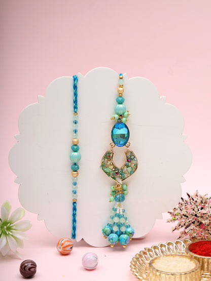 Bhaiya Bhabhi Rakhi Set with Aqua Stones and Tassels with Box