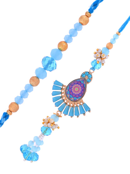 Handcrafted Bhaiya Bhabhi Rakhi Set with Fan Tassels and Aqua Beads with Box