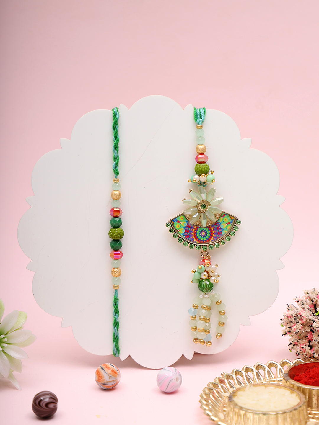 Traditional Bhaiya Bhabhi Rakhi with Meenakari and Pearl Detailing