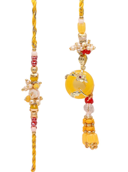 Sunshine Yellow Bhaiya Bhabhi Rakhi with Handcrafted Beads & Pearls with Box