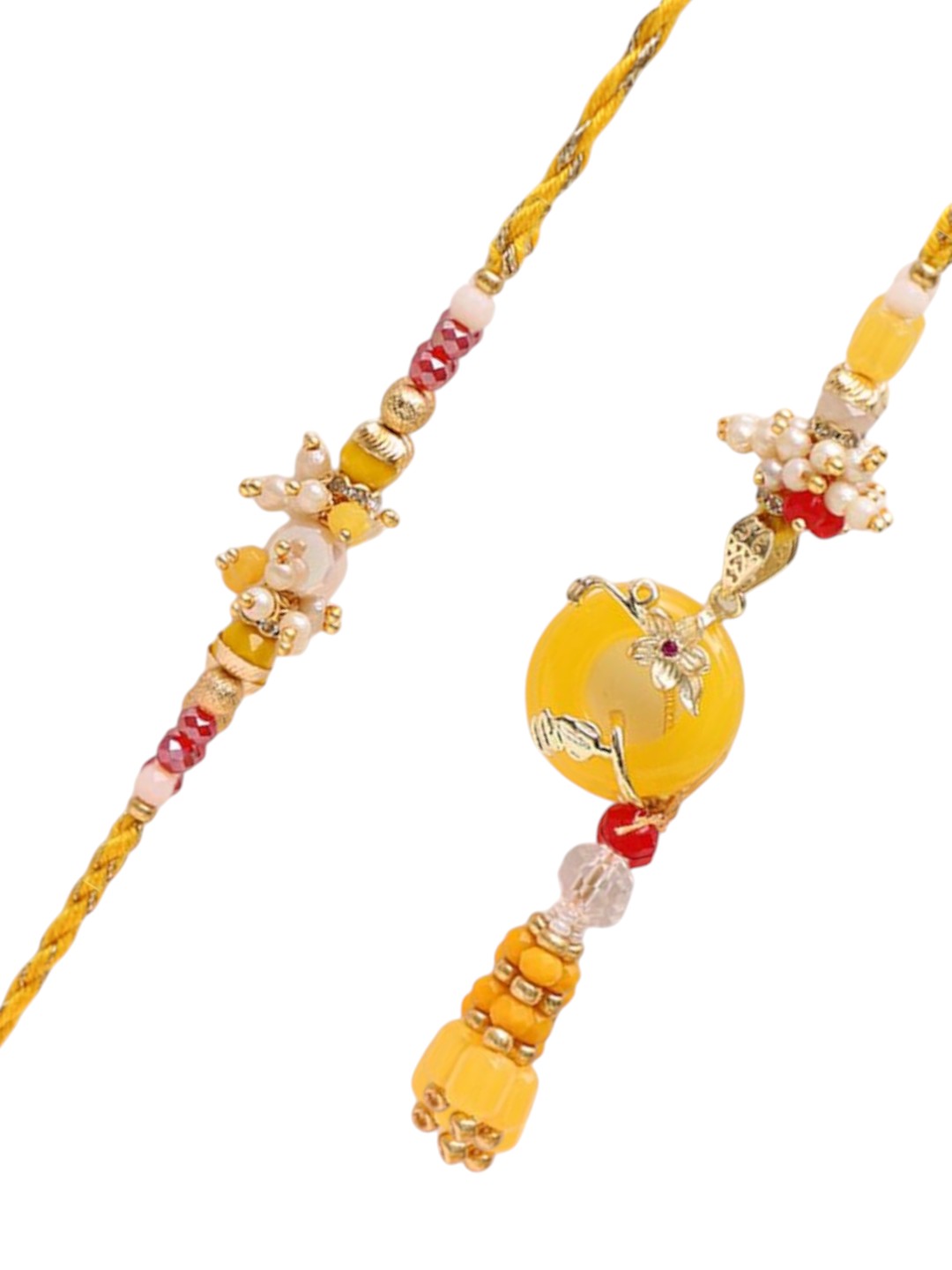 Sunshine Yellow Bhaiya Bhabhi Rakhi with Handcrafted Beads & Pearls