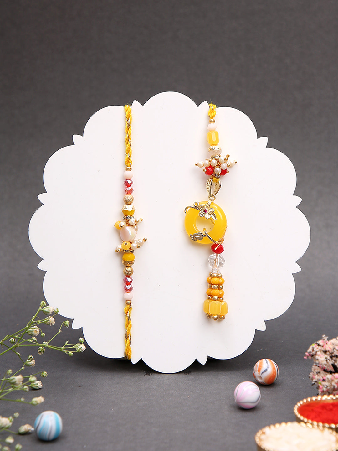 Sunshine Yellow Bhaiya Bhabhi Rakhi with Handcrafted Beads & Pearls with Box