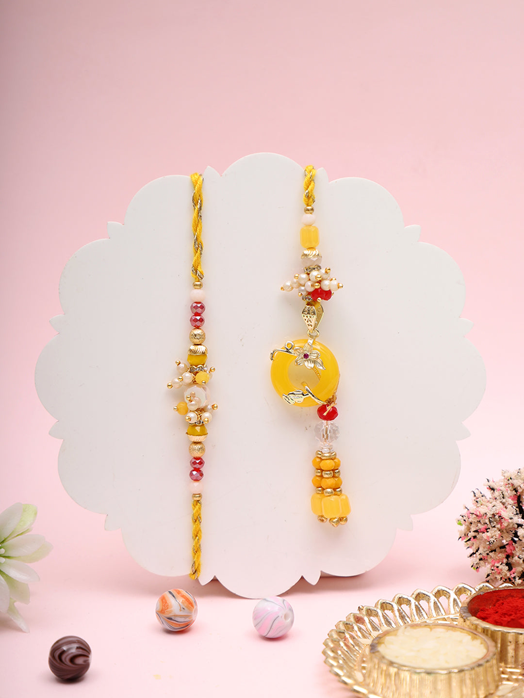 Sunshine Yellow Bhaiya Bhabhi Rakhi with Handcrafted Beads & Pearls with Box