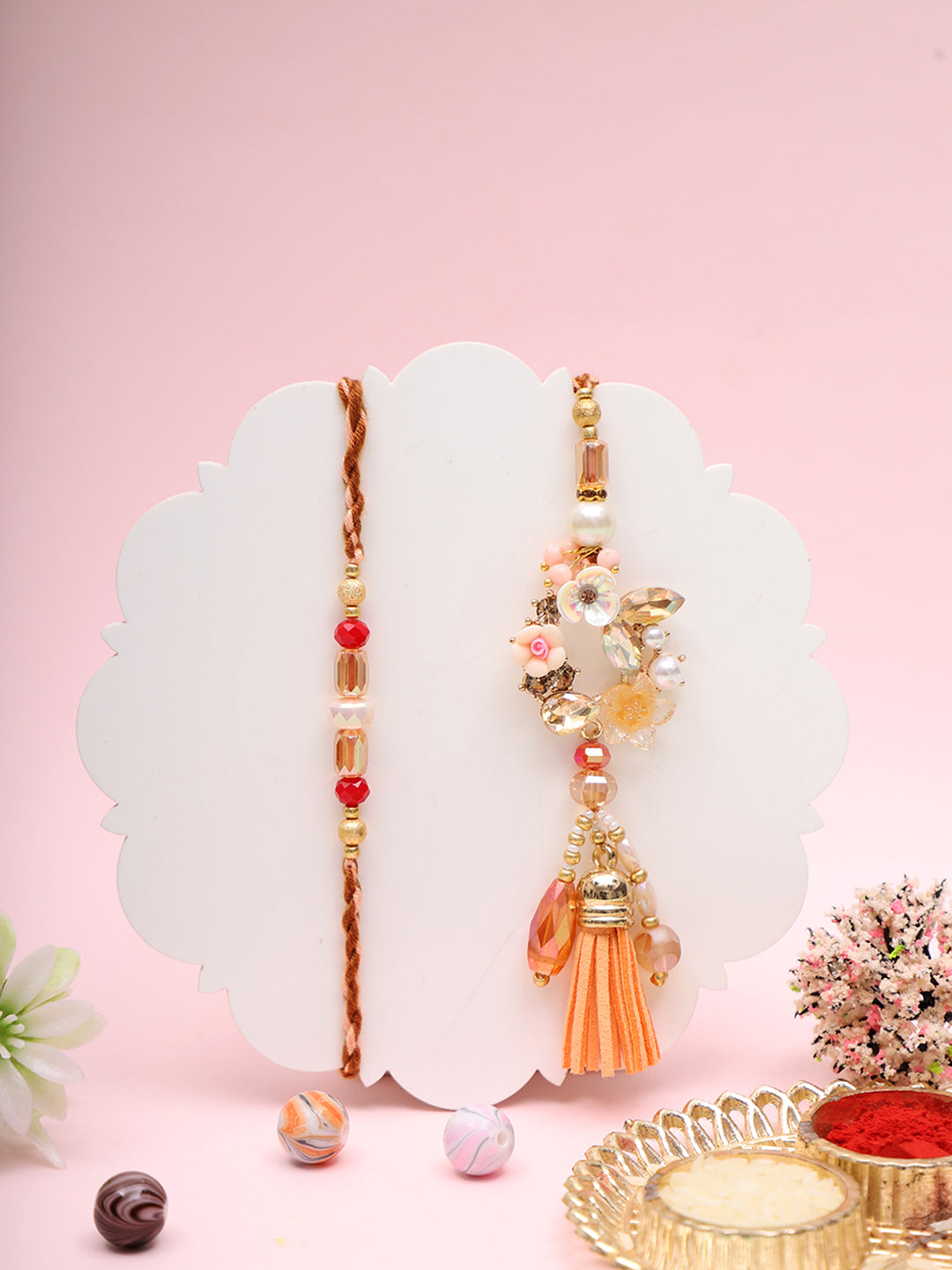 Mauli Inspired Floral Rakhi Pair with Pastel Festive Detailing with Box