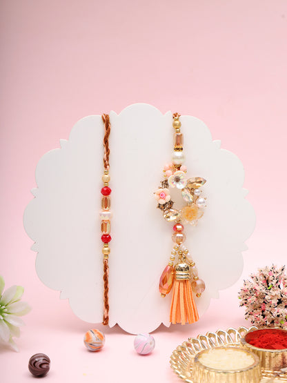 Mauli Inspired Floral Rakhi Pair with Pastel Festive Detailing with Box