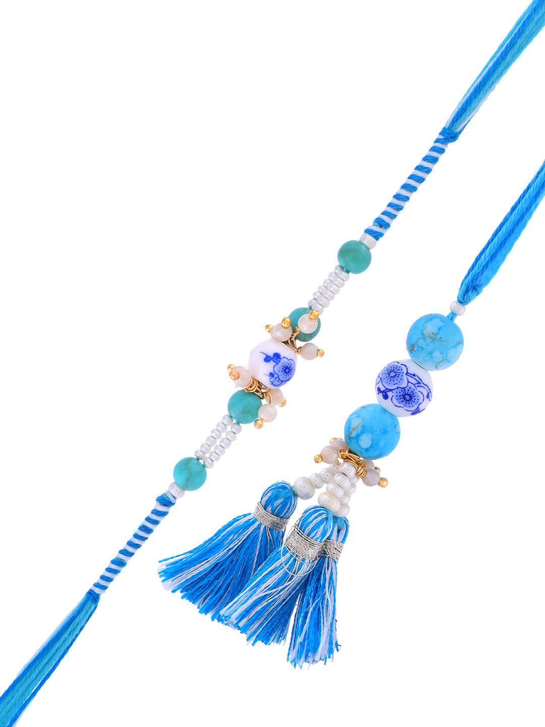 Traditional Rakhi Pair with Blue Porcelain Beads and Tassels with Box