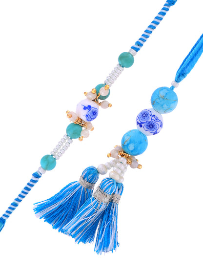 Traditional Rakhi Pair with Blue Porcelain Beads and Tassels with Box
