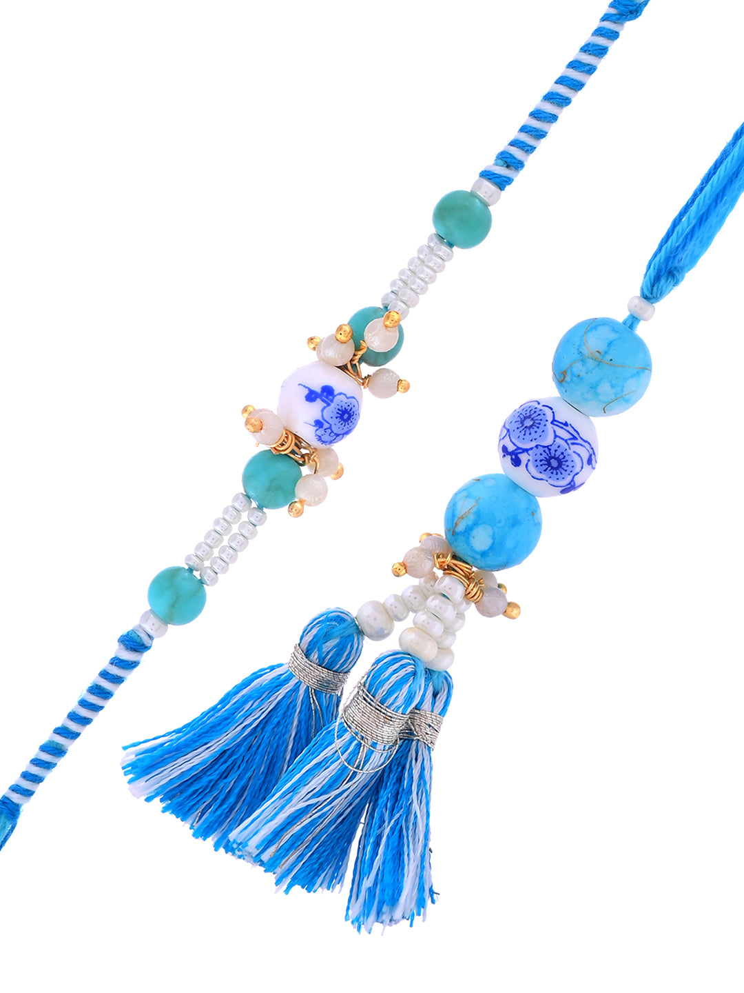 Traditional Rakhi Pair with Blue Porcelain Beads and Tassels