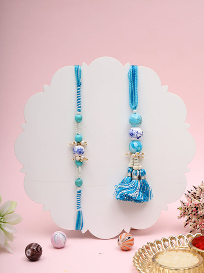 Traditional Rakhi Pair with Blue Porcelain Beads and Tassels with Box