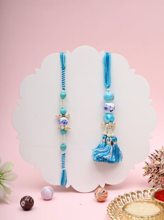 Traditional Rakhi Pair with Blue Porcelain Beads and Tassels with Box