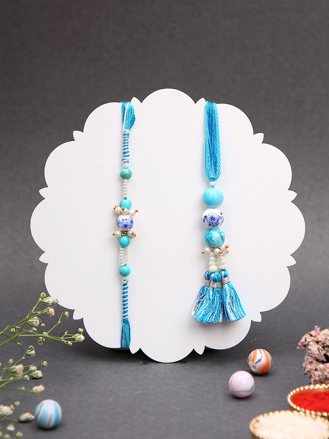 Traditional Rakhi Pair with Blue Porcelain Beads and Tassels