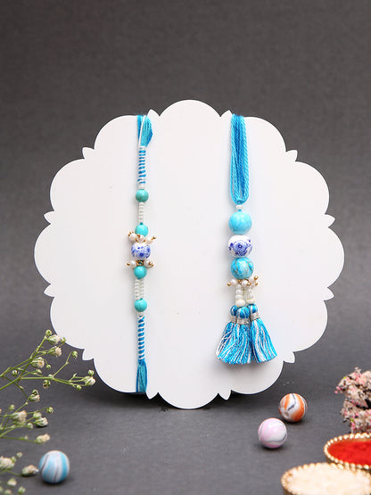 Traditional Rakhi Pair with Blue Porcelain Beads and Tassels