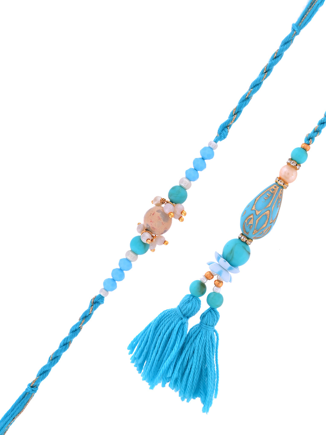 Handcrafted Rakhi Set with Blue Threadwork and Teardrop Beads