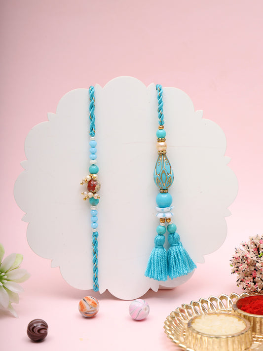 Handcrafted Rakhi Set with Blue Threadwork and Teardrop Beads with Box