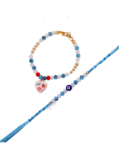 Elegant Bhaiya Bhabhi Rakhi Set With Heart Charm And Boho Evil Eye Thread with Box