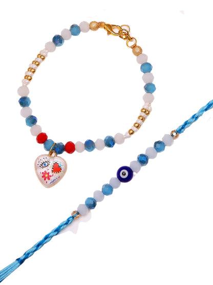 Elegant Bhaiya Bhabhi Rakhi Set With Heart Charm And Boho Evil Eye Thread with Box