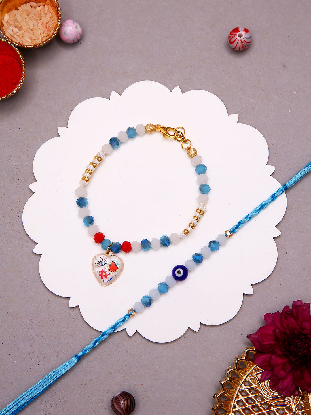 Elegant Bhaiya Bhabhi Rakhi Set With Heart Charm And Boho Evil Eye Thread with Box
