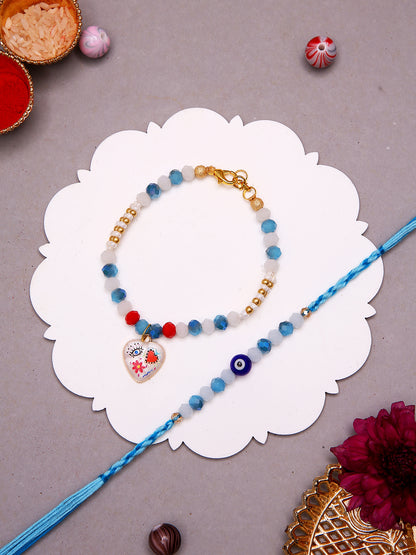 Elegant Bhaiya Bhabhi Rakhi Set With Heart Charm And Boho Evil Eye Thread with Box