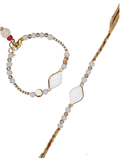 Bhaiya Bhabhi Rakhi Set With Ivory Stone Motifs And Gold Embellished Thread